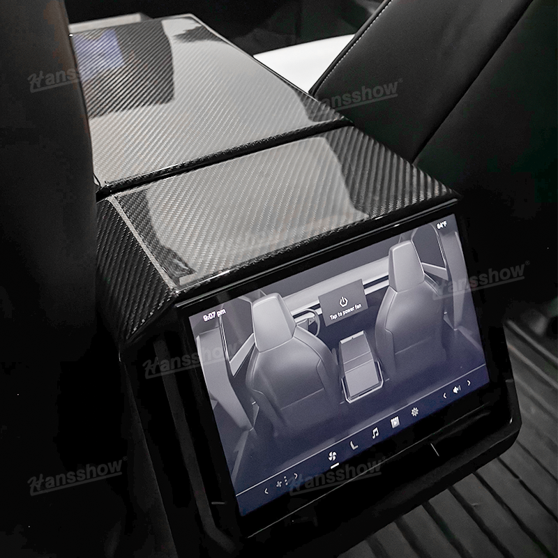 Cubierta de la caja del reposabrazos de fibra de carbono real Tesla Cybertruck + cubierta del marco de la pantalla trasera | Hansshow