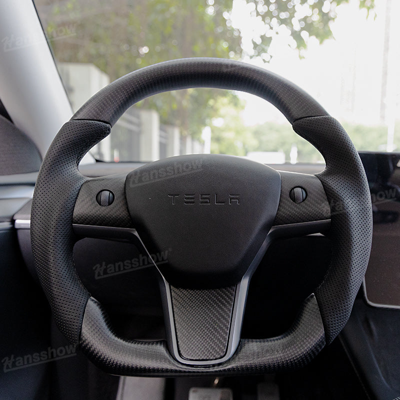 Model 3/Y Carbon Fiber Steering Wheel D-Shaped Round WIth Perforated Grip Better Breathability