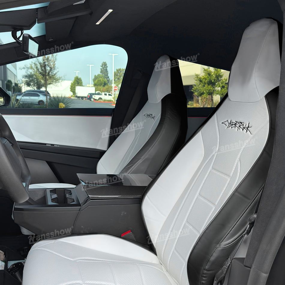 Funda de asiento Tesla Cybertruck, juego completo de cuero NAPPA, borde envolvente completo, accesorios interiores, blanco y negro | Hansshow