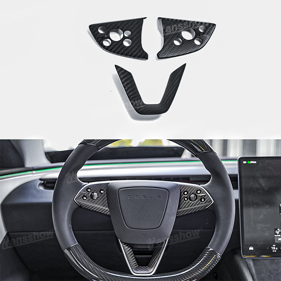 Garniture décorative de volant pour Tesla Model 3 Highland en fibre de carbone véritable | Hansshow