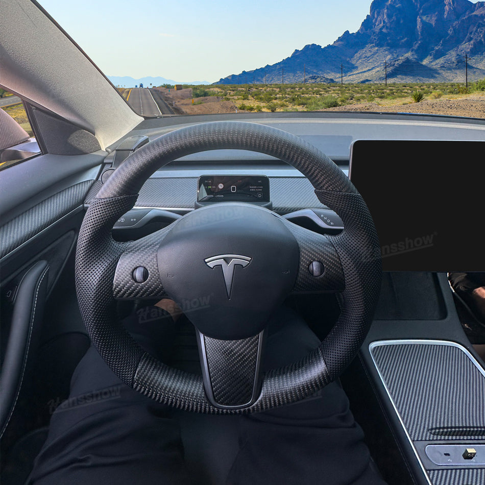 Volant rond chauffant Tesla Model Y/3 en fibre de carbone véritable, style F1 | Hansshow