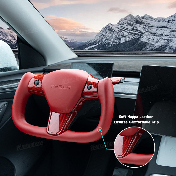 Tesla Model Y/3 Red Yoke Steering Wheel In Real Carbon Fiber With High Quality Nappa Leather|Hansshow