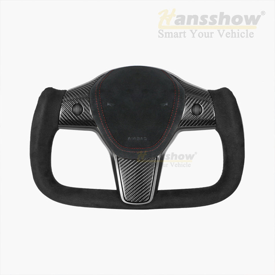 HANSSHOW Modèle 3/Y Alcantara Volant Noir Style Ellipse avec Fonction de Chauffage