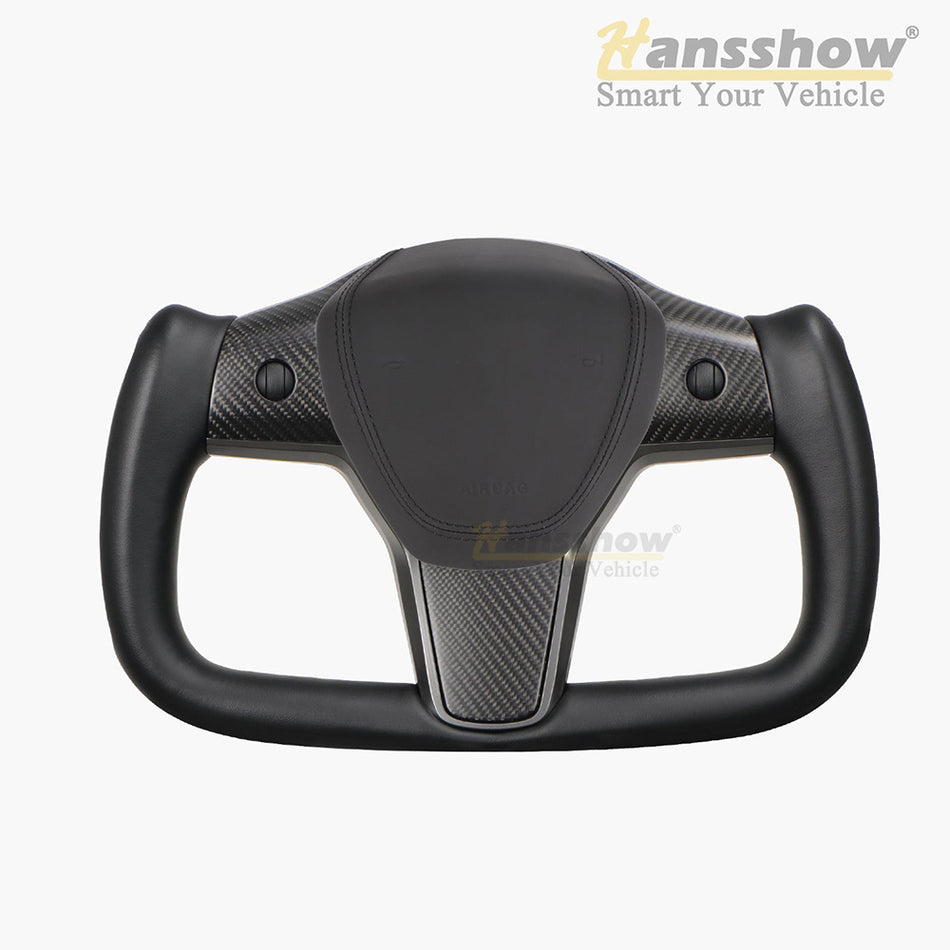 HANSSHOW Model 3/Y Yoke Steering Wheel Nappa Black Leather Ellipse style with Heated Feature